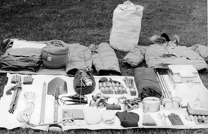 The Antarctic Survival Kits in both the Beaver and Auster ... note the ice axe and crampons